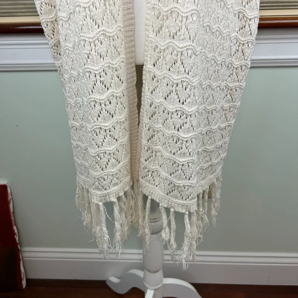 LA Hearts Cotton Linen Crochet Open Knit Open Front Longline Fringed Cardigan